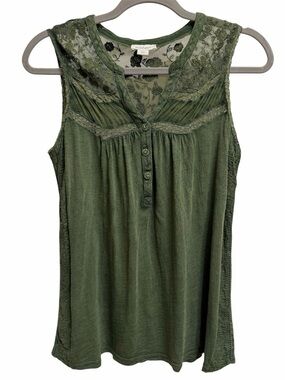 Sundance Olive Lace-Yoke Sleeveless Henley Embroidered Top Boho Romantic XS